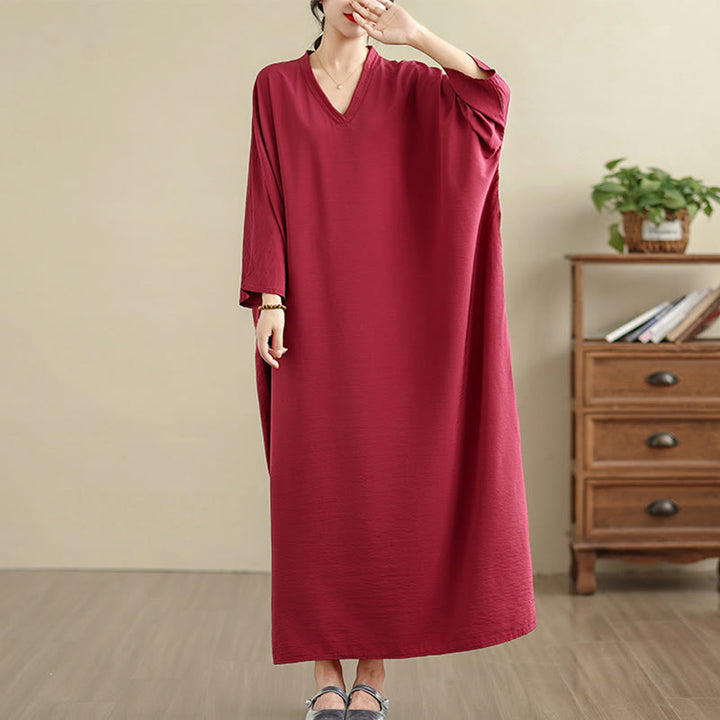 Vestido largo de algodón y lino de manga larga, estilo retro informal, color liso, con estampado de Buddha Stones y bolsillos. - Carmesí - US4-12, UK/AU8-18, EU36-46(F) - image 30