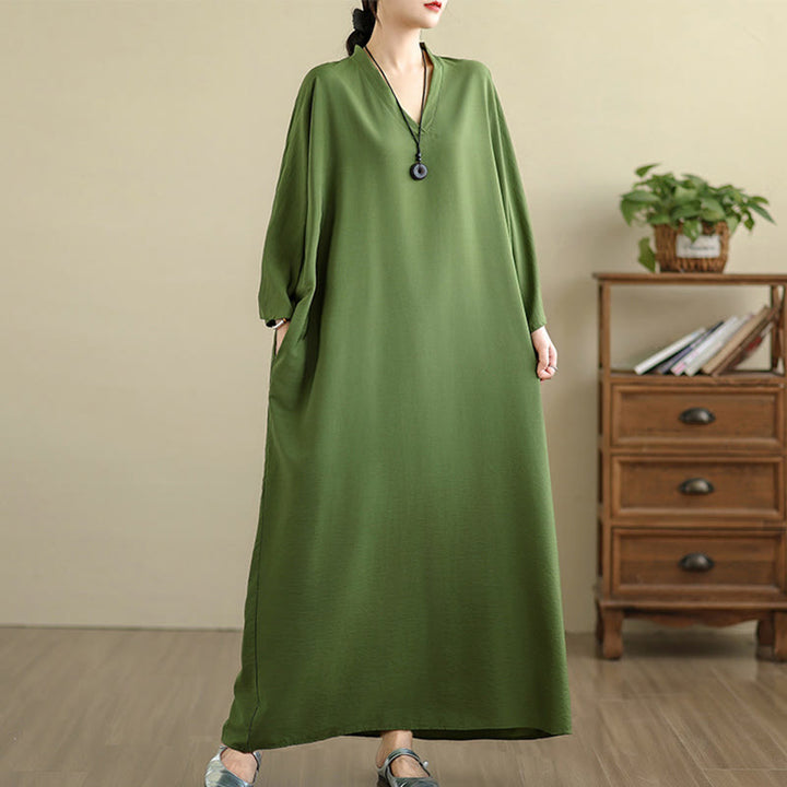 Vestido largo de lino y algodón de manga larga, estilo retro, informal, de color liso, con bolsillos y estampado de Buddha Stones - image 7
