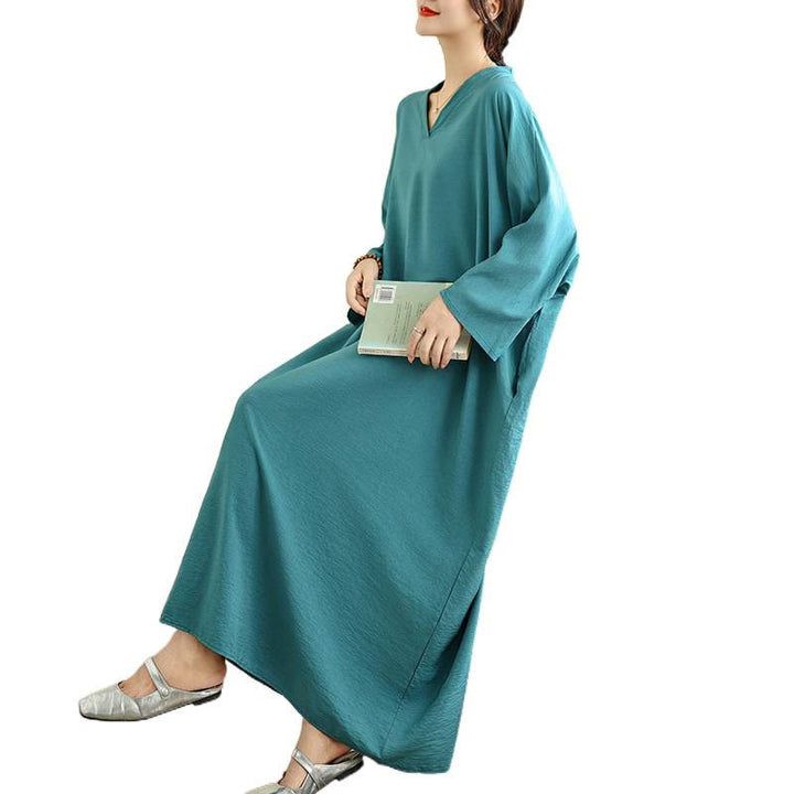 Vestido largo de algodón y lino de manga larga, estilo retro informal, color liso, con estampado de Buddha Stones y bolsillos. - image 24