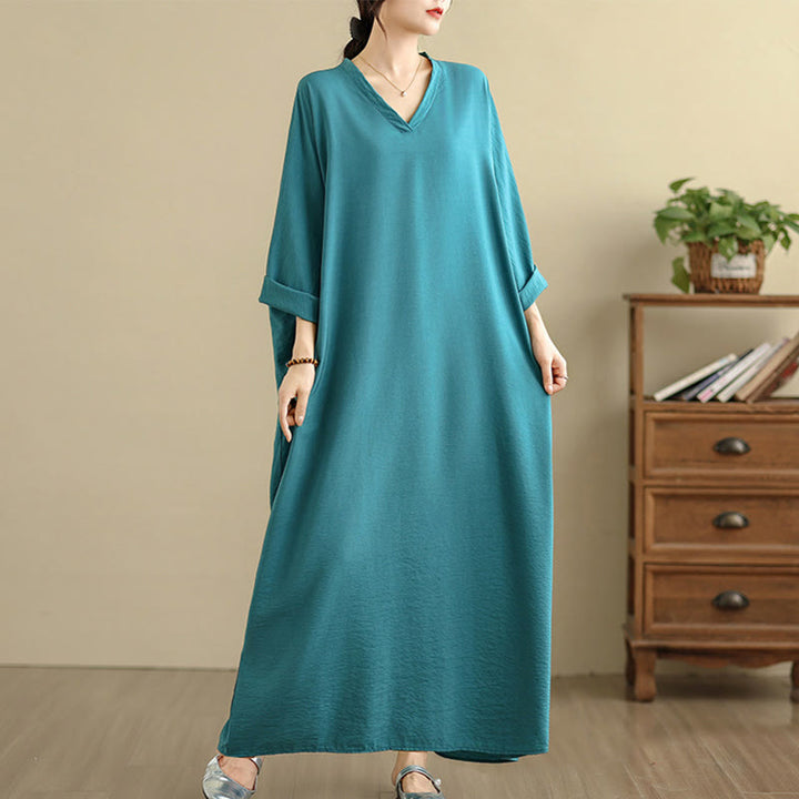 Vestido largo de algodón y lino de manga larga, estilo retro informal, color liso, con estampado de Buddha Stones y bolsillos. - Verde mar claro - US4-12, UK/AU8-18, EU36-46(F) - image 12