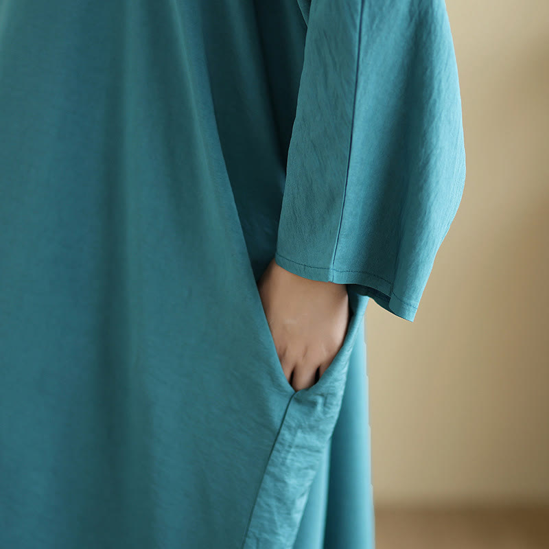 Vestido largo de lino y algodón de manga larga, estilo retro, informal, de color liso, con bolsillos y estampado de Buddha Stones - image 22