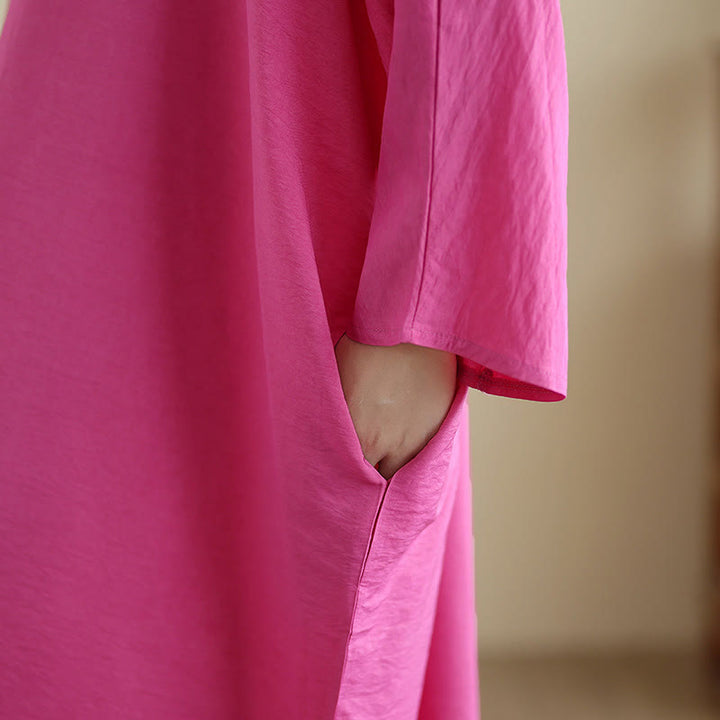 Vestido largo de lino y algodón de manga larga, estilo retro, informal, de color liso, con bolsillos y estampado de Buddha Stones - image 29