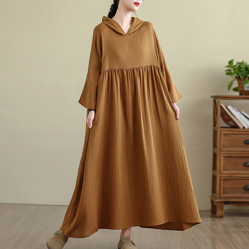 Vestido midi de lino y algodón de manga larga con capucha y bolsillos de Buddha Stones Fall - Vara de oro oscura - US4-8/10, UK/AU8-12/14, UE36-40/42(F) - image 1