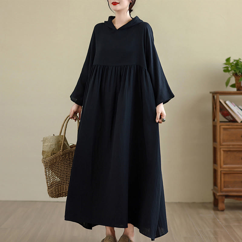 Vestido midi de lino y algodón de manga larga con capucha y bolsillos de Buddha Stones Fall - image 14