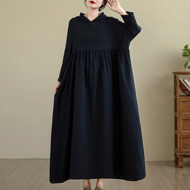 Vestido midi de lino y algodón de manga larga con capucha y bolsillos de Buddha Stones Fall - Negro - US4-8/10, UK/AU8-12/14, UE36-40/42(F) - image 12