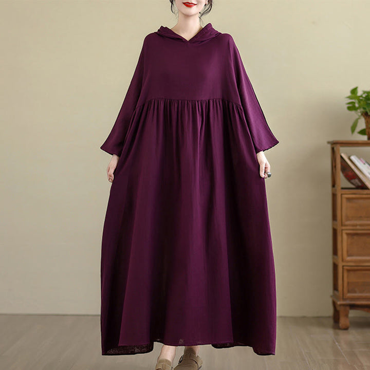 Vestido midi de lino y algodón de manga larga con capucha y bolsillos de Buddha Stones Fall - Magenta oscuro - US4-8/10, UK/AU8-12/14, UE36-40/42(F) - image 18