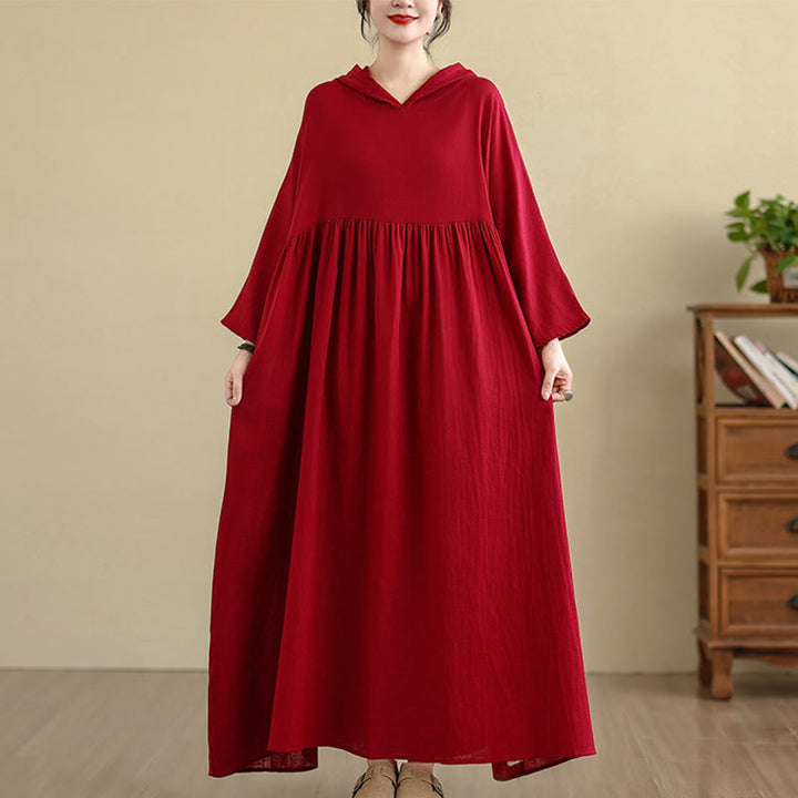 Vestido midi de lino y algodón de manga larga con capucha y bolsillos de Buddha Stones Fall - Rojo - US4-8/10, UK/AU8-12/14, UE36-40/42(F) - image 15