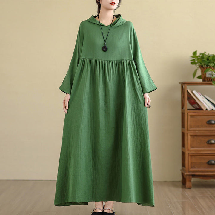 Vestido midi de lino y algodón de manga larga con capucha y bolsillos de Buddha Stones Fall - Verde mar medio - US4-8/10, UK/AU8-12/14, UE36-40/42(F) - image 22