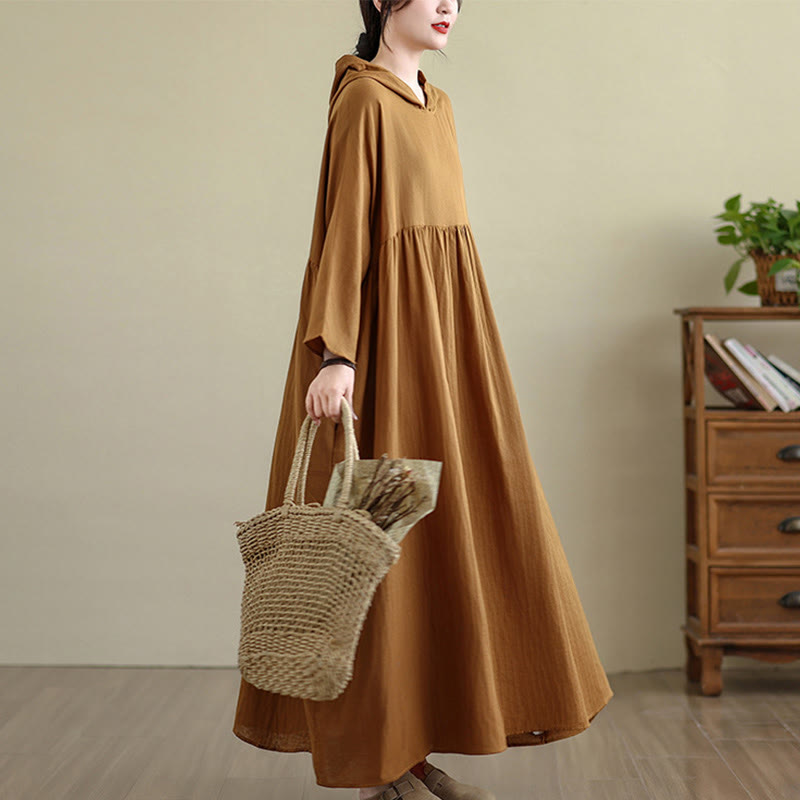 Vestido midi de lino y algodón de manga larga con capucha y bolsillos de Buddha Stones Fall - image 7