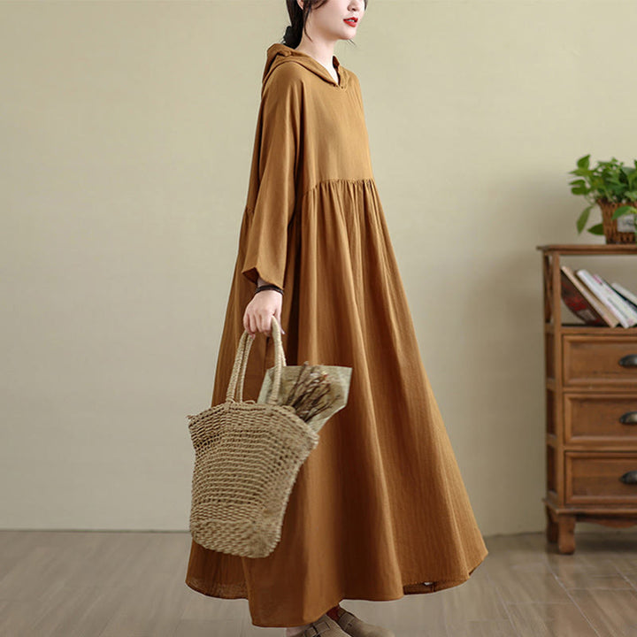Vestido midi de lino y algodón de manga larga con capucha y bolsillos de Buddha Stones Fall - image 7