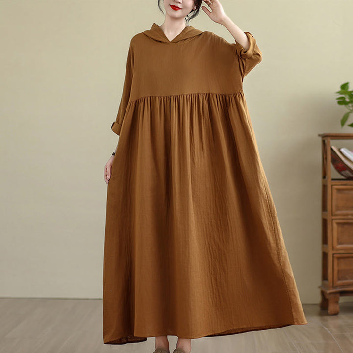 Vestido midi de lino y algodón de manga larga con capucha y bolsillos de Buddha Stones Fall - image 3