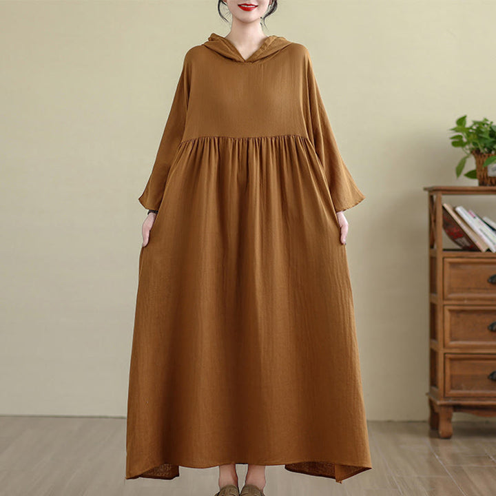 Vestido midi de lino y algodón de manga larga con capucha y bolsillos de Buddha Stones Fall - image 6