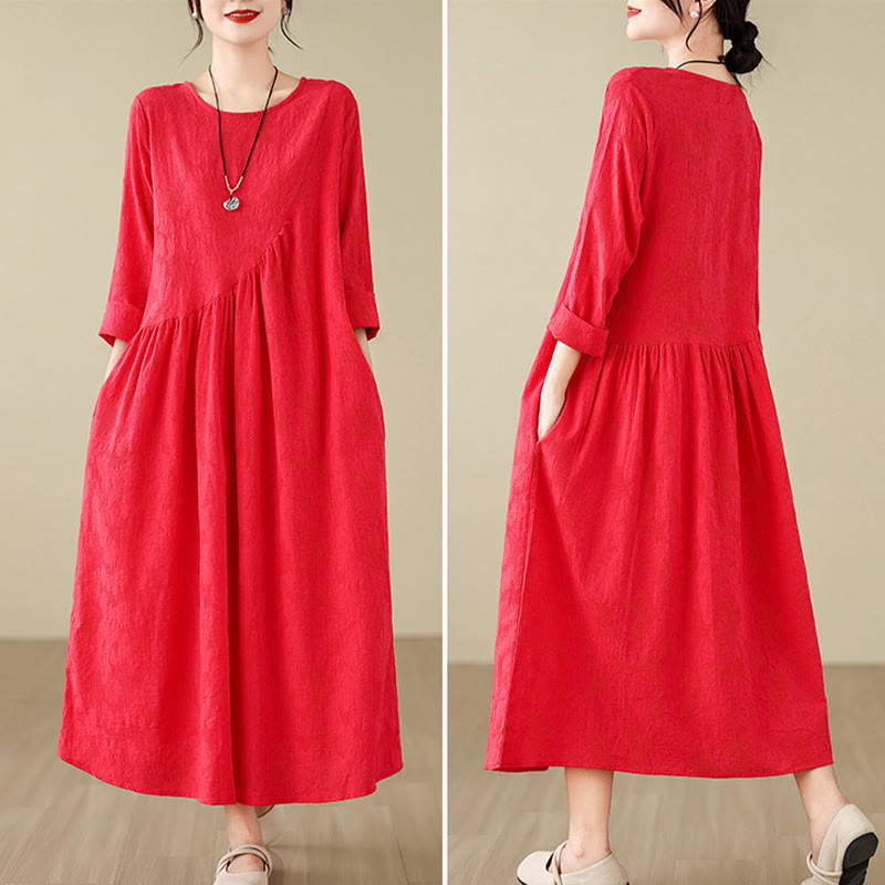 Vestido midi de lino y algodón con mangas largas irregulares, estampado floral jacquard liso y bolsillos. - image 15
