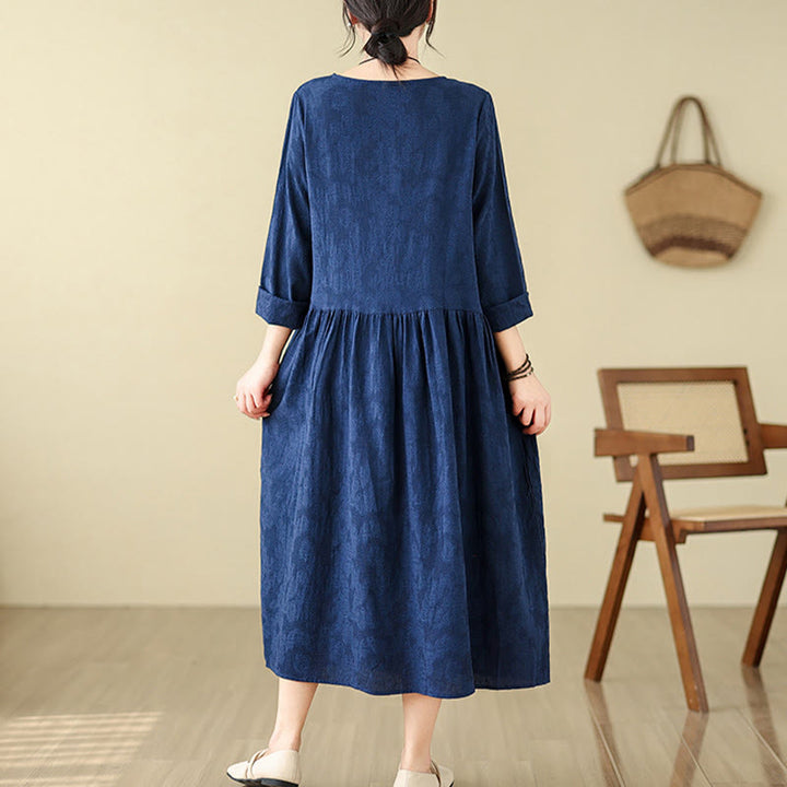 Vestido midi de lino y algodón con mangas largas irregulares, estampado floral jacquard liso y bolsillos. - image 3