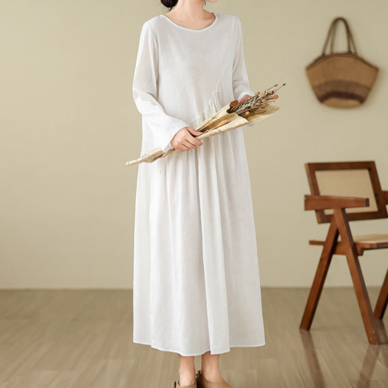 Vestido midi de lino y algodón con mangas largas irregulares, estampado floral jacquard liso y bolsillos. - image 21