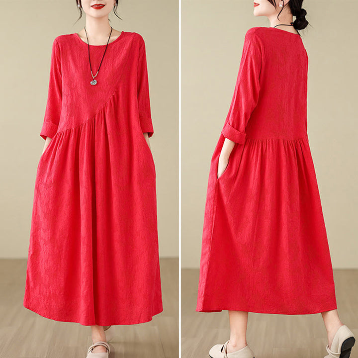 Vestido midi de lino y algodón con mangas largas irregulares, estampado floral jacquard liso y bolsillos. - image 16