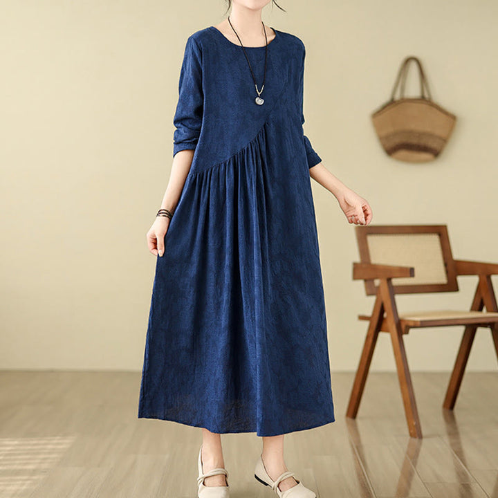 Vestido midi de lino y algodón con mangas largas irregulares, estampado floral jacquard liso y bolsillos. - Azul medianoche - US8-10，UK/AU12-14，EU40-42 (2XL) - image 0