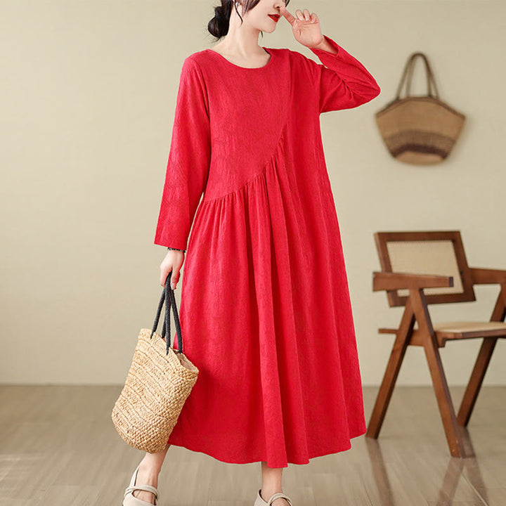 Vestido midi de lino y algodón con mangas largas irregulares, estampado floral jacquard liso y bolsillos. - Rojo - US8-10，UK/AU12-14，EU40-42 (2XL) - image 7