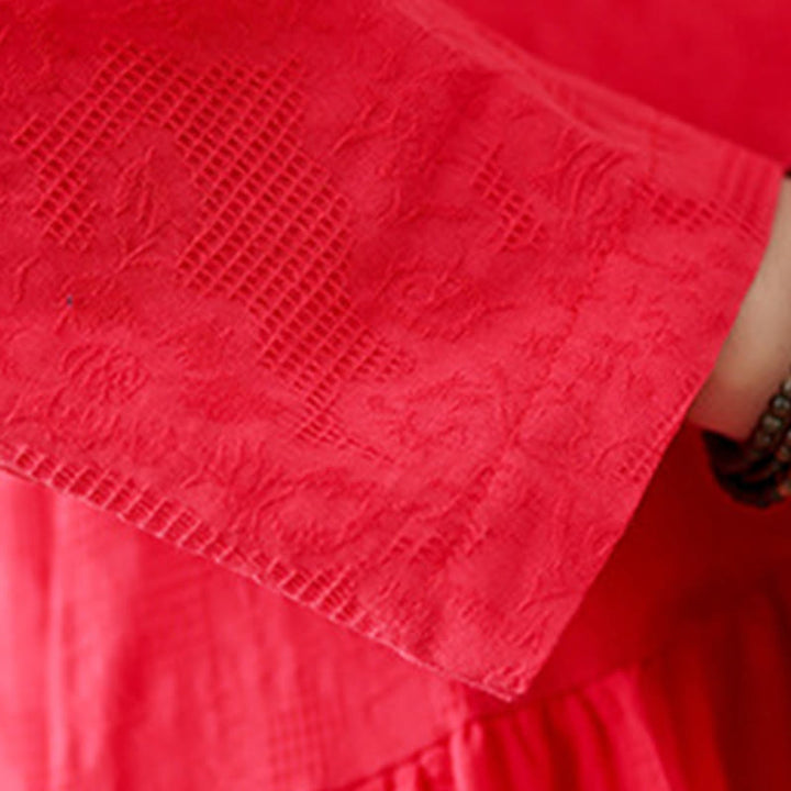 Vestido midi de lino y algodón con mangas largas irregulares, estampado floral jacquard liso y bolsillos. - image 13