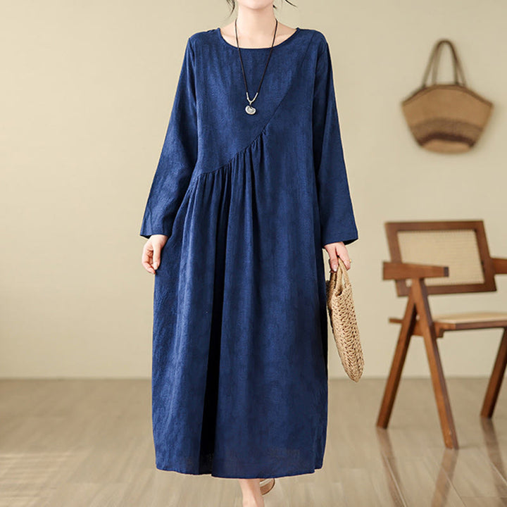 Vestido midi de lino y algodón con mangas largas irregulares, estampado floral jacquard liso y bolsillos. - image 3