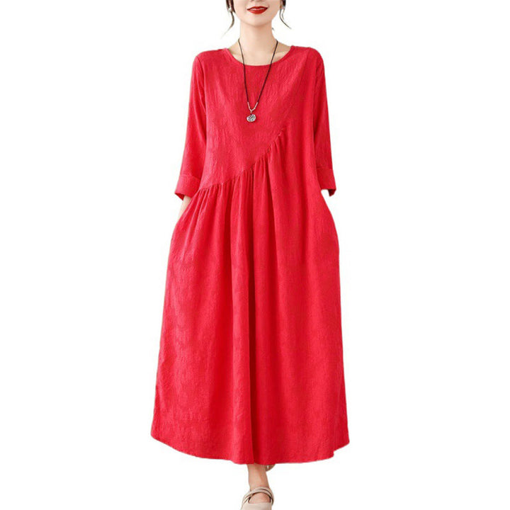 Vestido midi de lino y algodón con mangas largas irregulares, estampado floral jacquard liso y bolsillos. - image 17