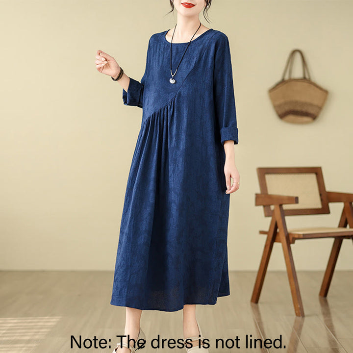 Vestido midi de lino y algodón con mangas largas irregulares, estampado floral jacquard liso y bolsillos. - image 2