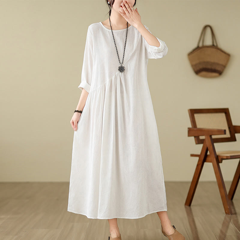 Vestido midi de lino y algodón con mangas largas irregulares, estampado floral jacquard liso y bolsillos. - Blanco - US8-10，UK/AU12-14，EU40-42 (2XL) - image 18