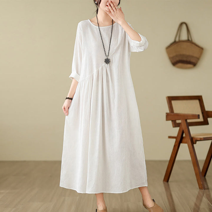 Vestido midi de lino y algodón con mangas largas irregulares, estampado floral jacquard liso y bolsillos. - Blanco - US8-10，UK/AU12-14，EU40-42 (2XL) - image 18