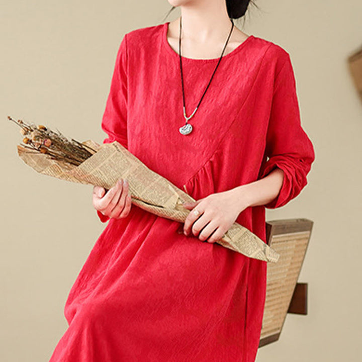 Vestido midi de lino y algodón con mangas largas irregulares, estampado floral jacquard liso y bolsillos. - image 10