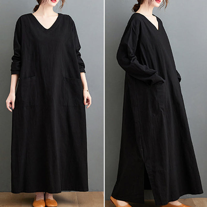 Vestido largo informal de lino y algodón con mangas largas y bolsillos, con estampado de Buddha Stones y diseño sencillo de otoño. - image 16