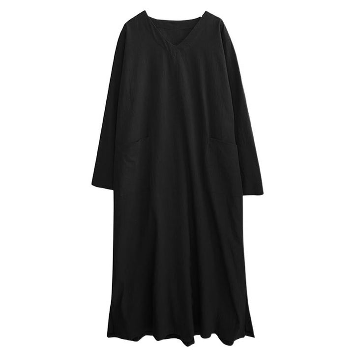 Vestido largo informal de lino y algodón con mangas largas y bolsillos, con estampado de Buddha Stones y diseño sencillo de otoño. - image 17