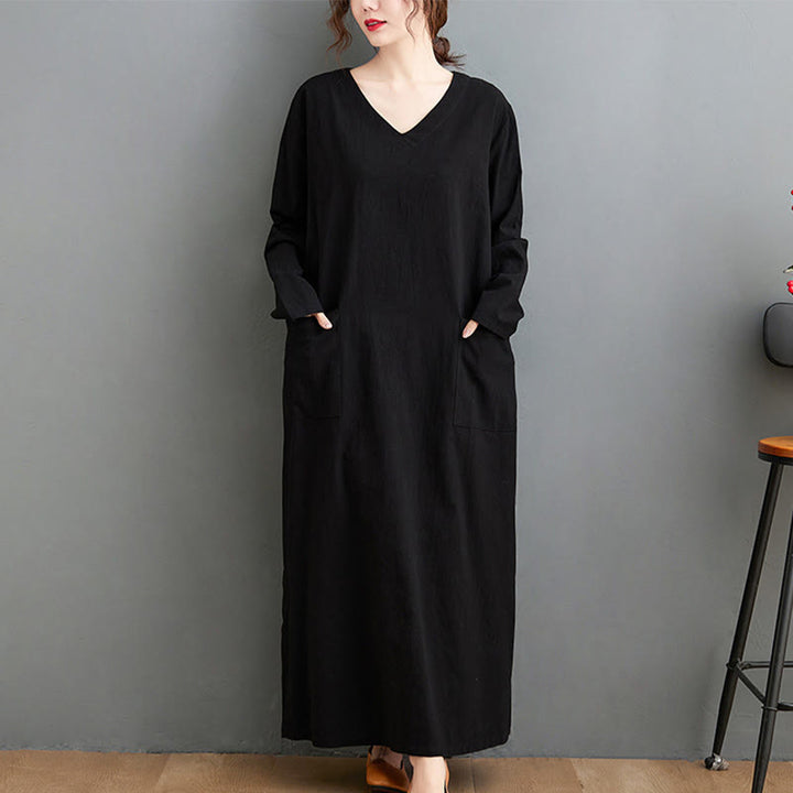 Vestido largo informal de lino y algodón con mangas largas y bolsillos, con estampado de Buddha Stones y diseño sencillo de otoño. - Negro - US4-8/10, UK/AU8-12/14, UE36-40/42(F) - image 6