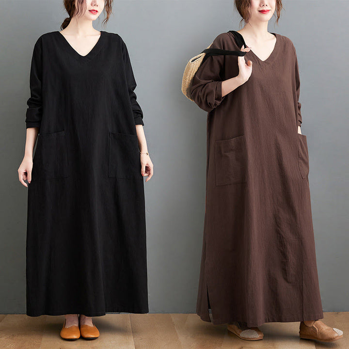 Vestido largo informal de lino y algodón con mangas largas y bolsillos, con estampado de Buddha Stones y diseño sencillo de otoño. - image 18