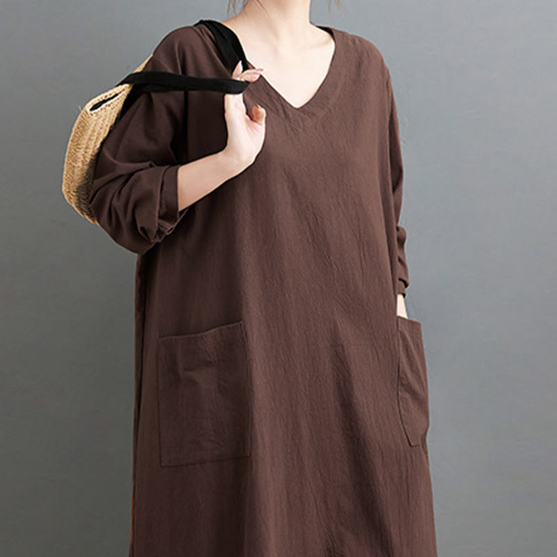 Vestido largo informal de lino y algodón con mangas largas y bolsillos, con estampado de Buddha Stones y diseño sencillo de otoño. - image 5