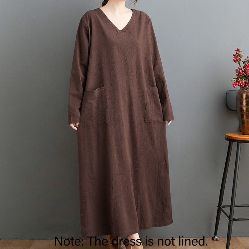 Vestido largo informal de lino y algodón con mangas largas y bolsillos, con estampado de Buddha Stones y diseño sencillo de otoño. - image 1