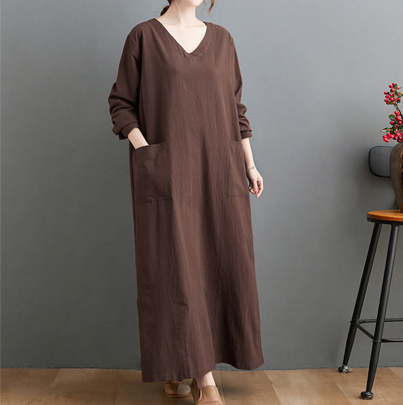 Vestido largo informal de lino y algodón con mangas largas y bolsillos, con estampado de Buddha Stones y diseño sencillo de otoño. - SaddleBrown - US4-8/10, UK/AU8-12/14, UE36-40/42(F) - image 1
