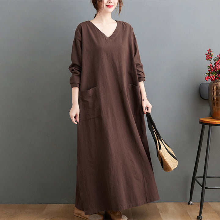Vestido largo informal de lino y algodón con mangas largas y bolsillos, con estampado de Buddha Stones y diseño sencillo de otoño. - image 2
