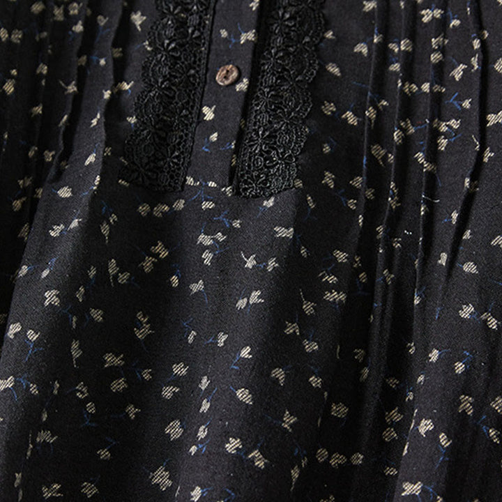 Vestido midi de algodón y lino con manga larga y bolsillos, estampado de Buddha Stones , botones, solapa de encaje - image 9