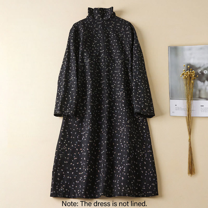 Vestido midi de algodón y lino con manga larga y bolsillos, estampado de Buddha Stones , botones, solapa de encaje - image 2