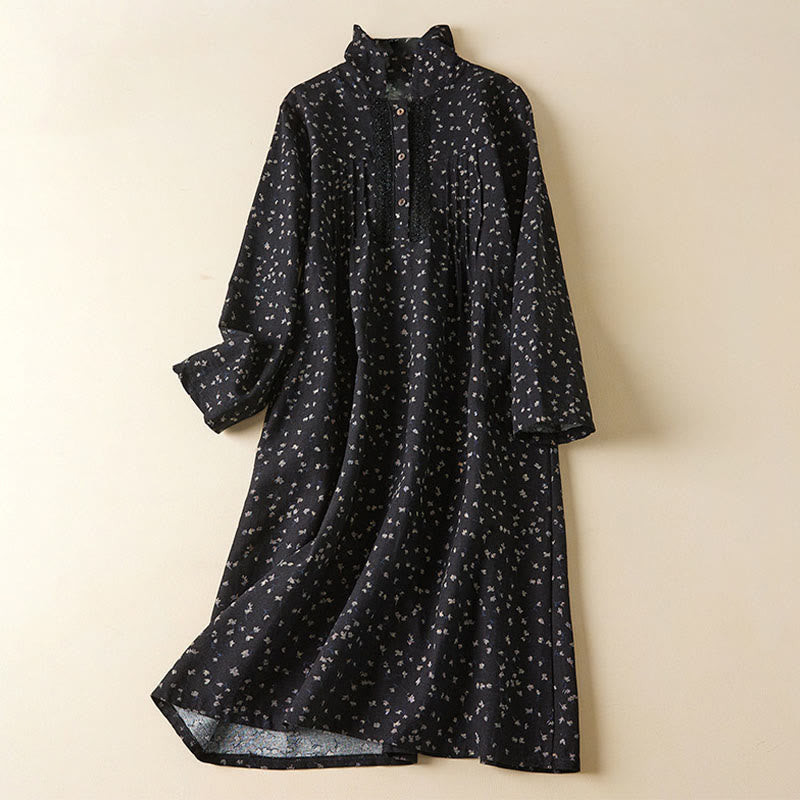 Vestido midi de algodón y lino con manga larga y bolsillos, estampado de Buddha Stones , botones, solapa de encaje - Negro - US8-10，UK/AU12-14，EU40-42 (2XL) - image 1