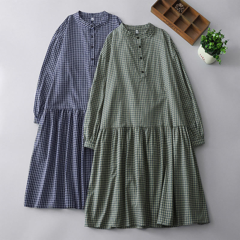 Vestido midi informal de algodón con mangas largas y botones a cuadros de Buddha Stones - image 18