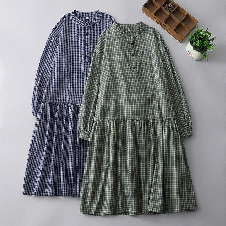 Vestido midi informal de algodón con mangas largas y botones a cuadros de Buddha Stones - image 18