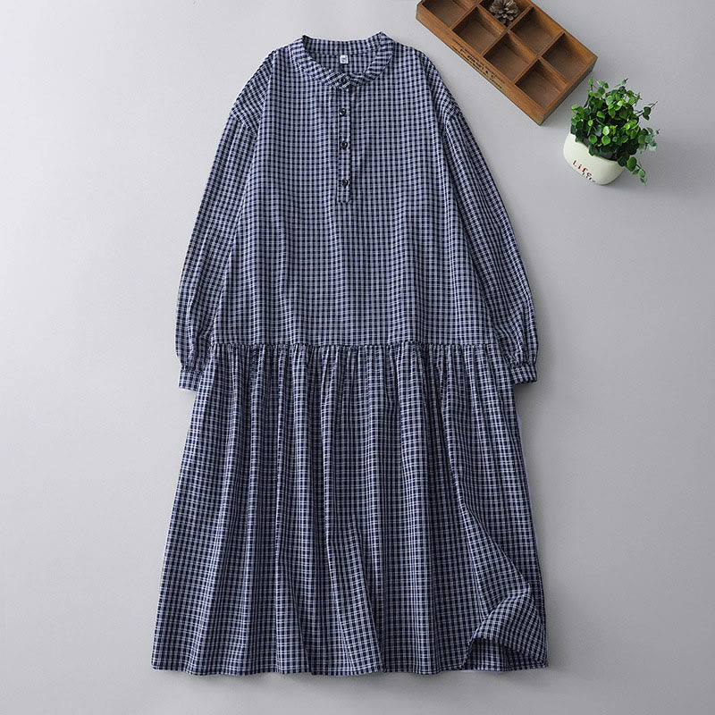 Vestido midi informal de algodón con mangas largas y botones a cuadros de Buddha Stones - Azul oscuro - US14，UK/AU18，EU46 (2XL) - image 12
