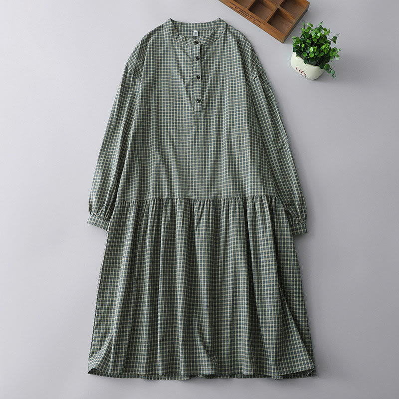Vestido midi informal de algodón con mangas largas y botones a cuadros de Buddha Stones - Verde mar medio - US14，UK/AU18，EU46 (2XL) - image 1