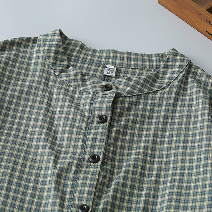 Vestido midi informal de algodón con mangas largas y botones a cuadros de Buddha Stones - image 3