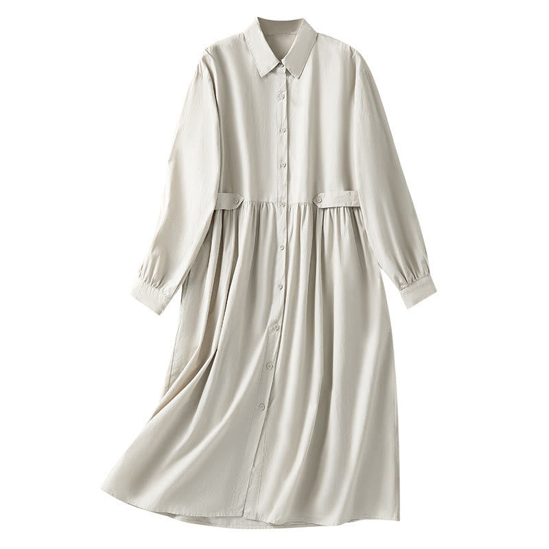 Vestido midi informal de algodón con diseño de cuadros escoceses, pliegues y botones, de manga larga y bolsillos, con estampado de Buddha Stones - image 16