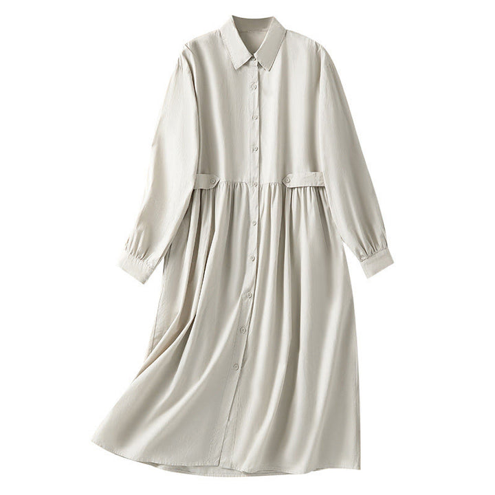 Vestido midi informal de algodón con diseño de cuadros escoceses, pliegues y botones, de manga larga y bolsillos, con estampado de Buddha Stones - image 16