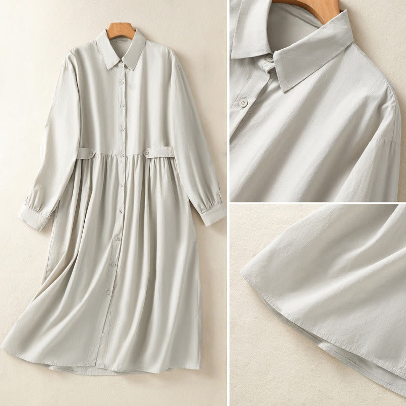 Vestido midi informal de algodón con diseño de cuadros escoceses, pliegues y botones, de manga larga y bolsillos, con estampado de Buddha Stones - image 15