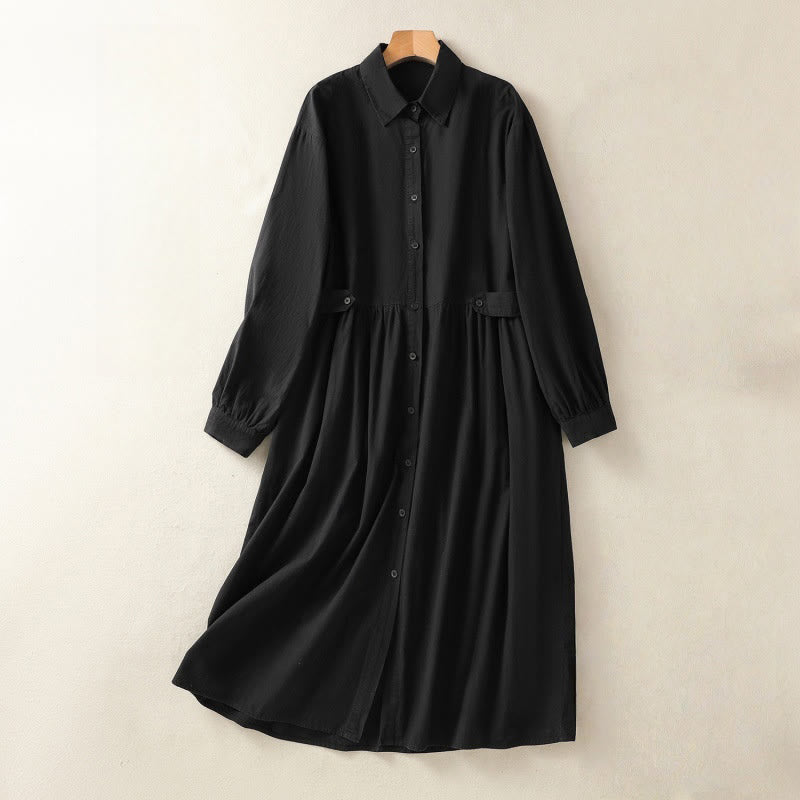 Vestido midi informal de algodón con diseño de cuadros escoceses, pliegues y botones, de manga larga y bolsillos, con estampado de Buddha Stones - Negro - US8-10，UK/AU12-14，EU40-42 (2XL) - image 17