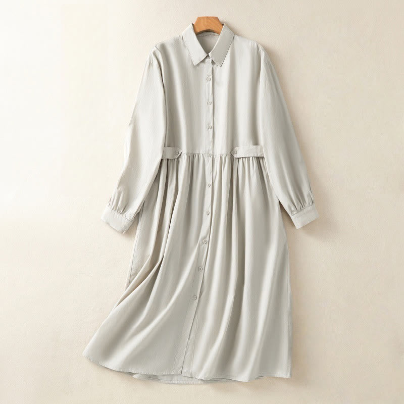 Vestido midi informal de algodón con diseño de cuadros escoceses, pliegues y botones, de manga larga y bolsillos, con estampado de Buddha Stones - Beige - US8-10，UK/AU12-14，EU40-42 (2XL) - image 1